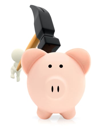 Smashing a piggyback with a hammer in 3D - isolated over a white background